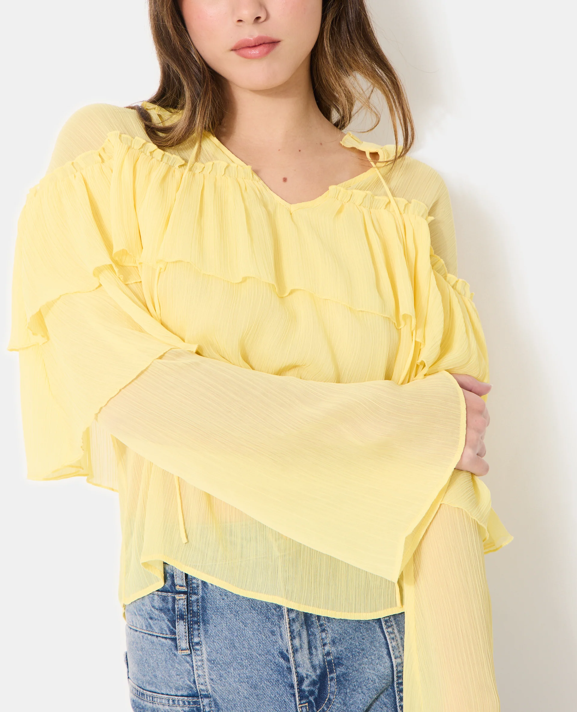 Blouse en voile avec volants et manches flare - Image 7