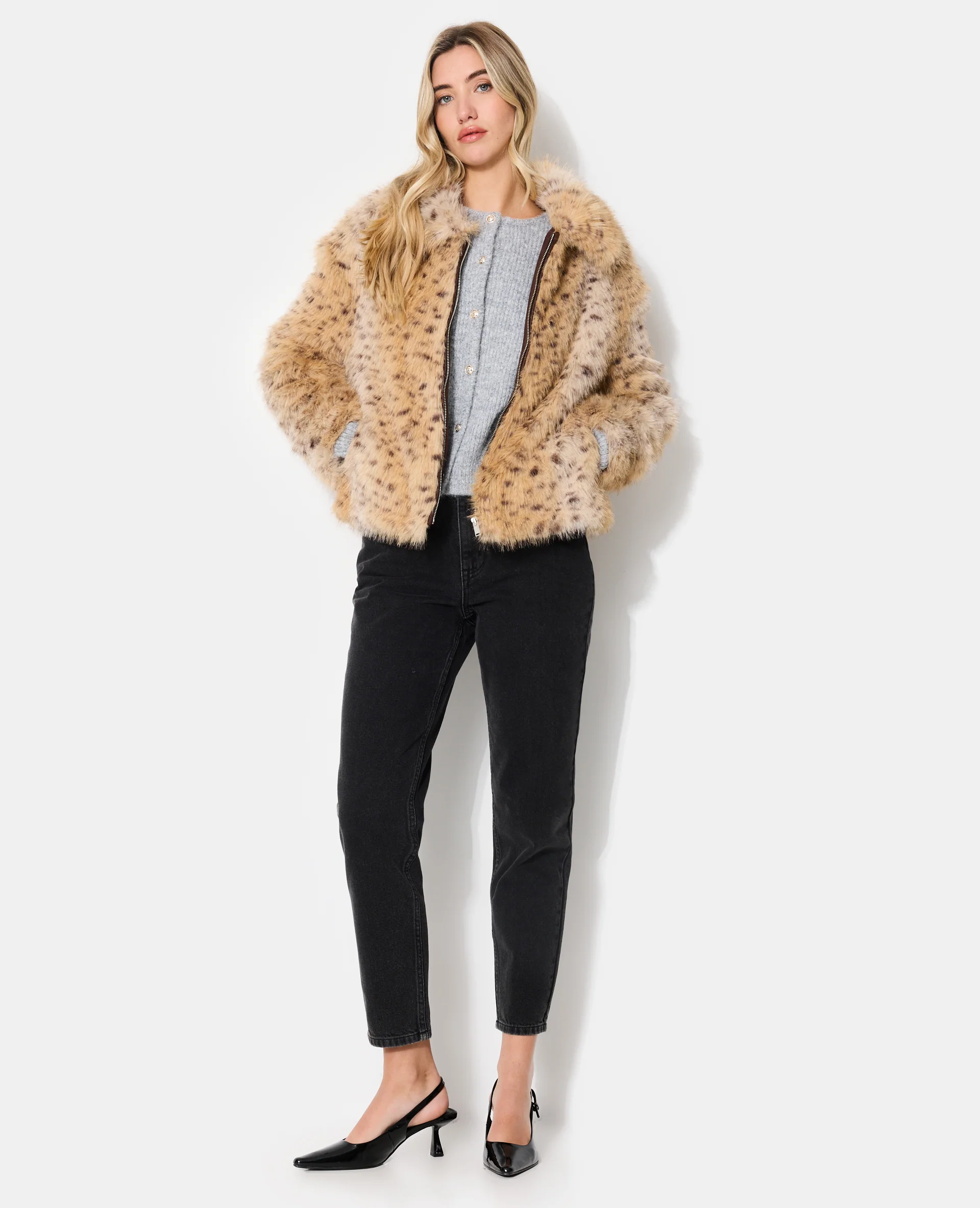 Blouson en fourrure esprit guépard avec col - Image 3