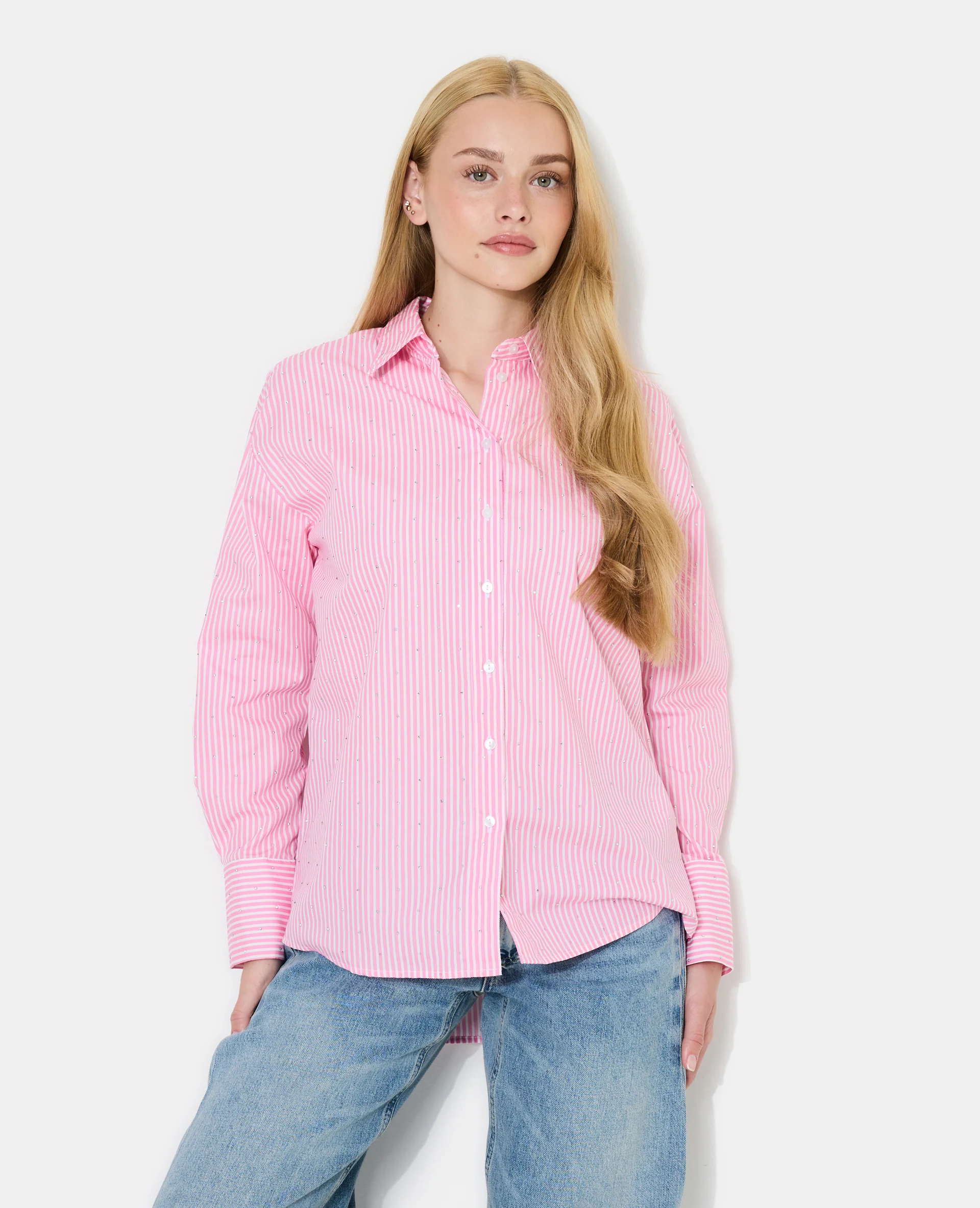Chemise ample rayée avec strass en all over