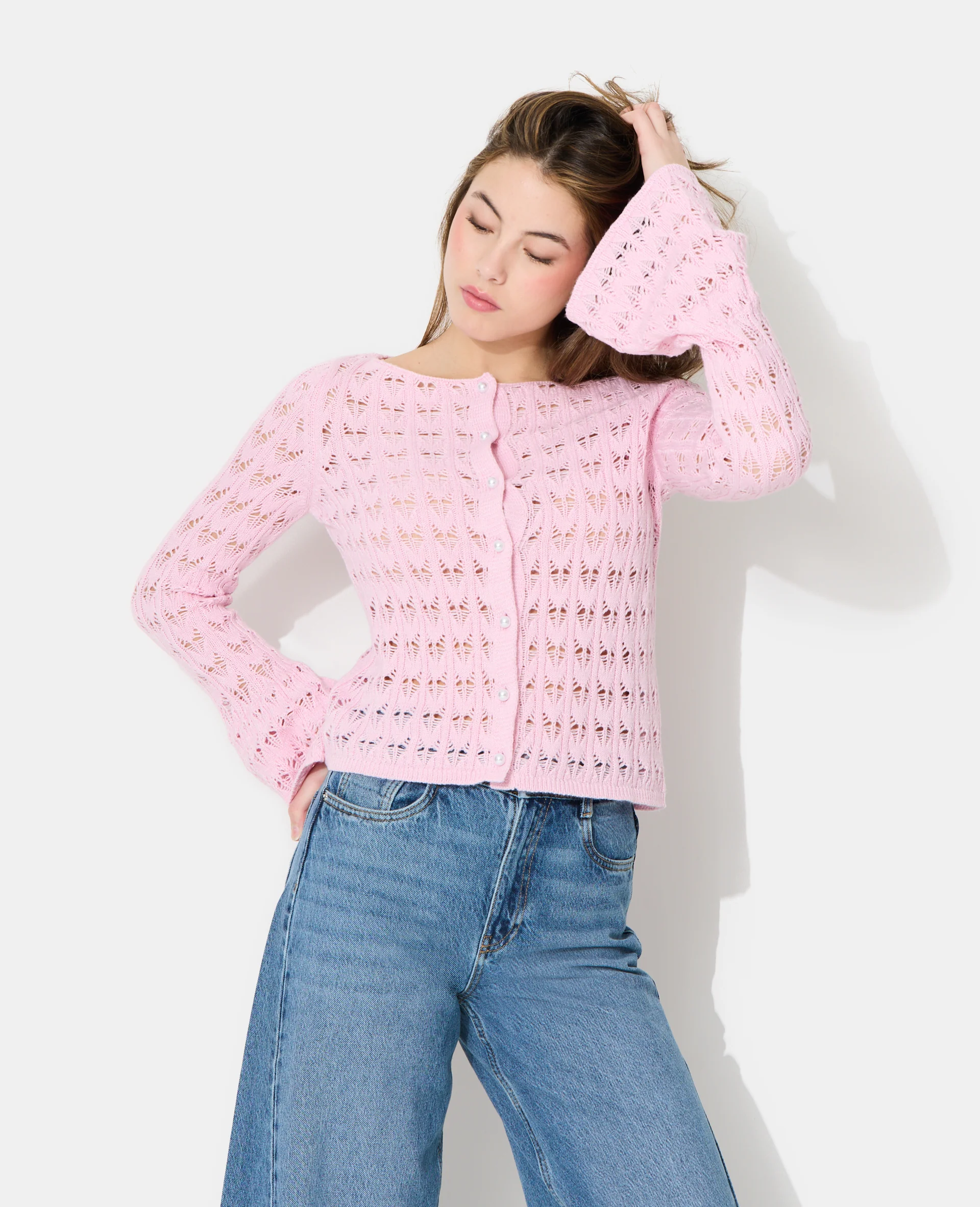 Gilet en maille ajourée avec boutons perles
