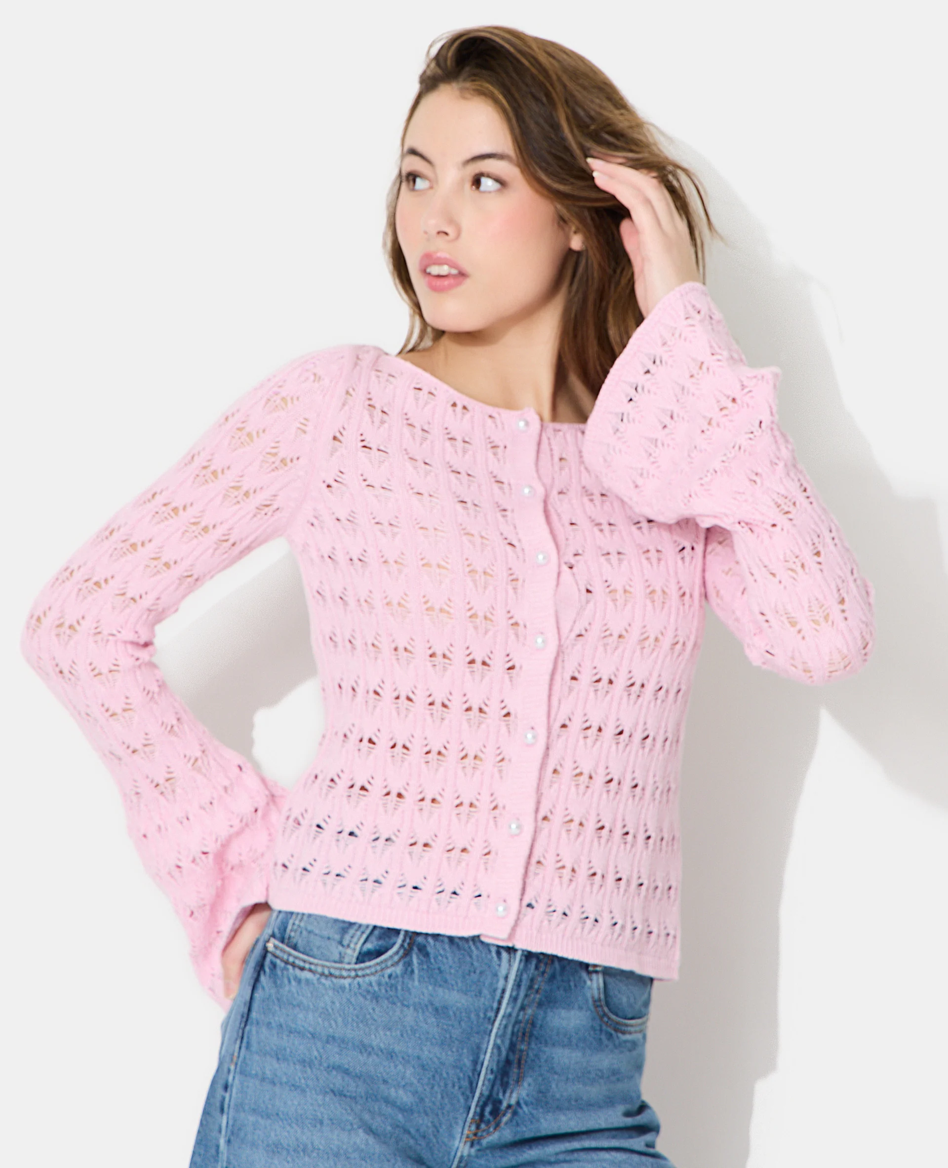 Gilet en maille ajourée avec boutons perles - Image 5