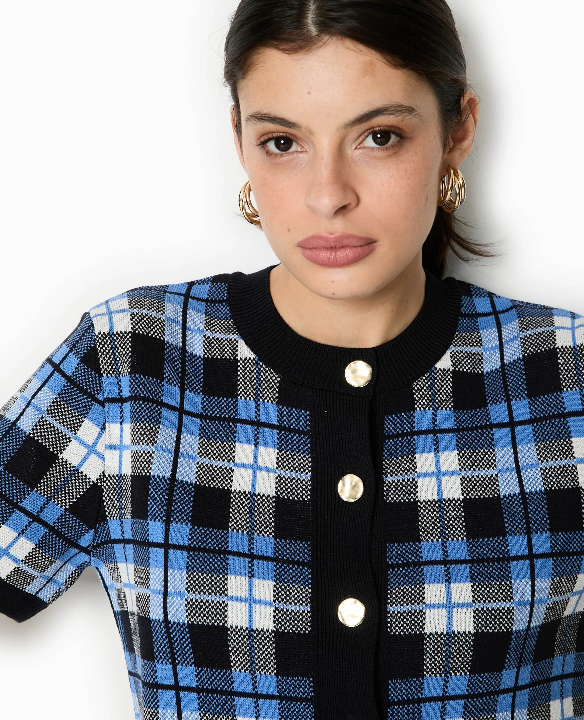 Gilet manches courtes motif carreaux jacquard - Image 3