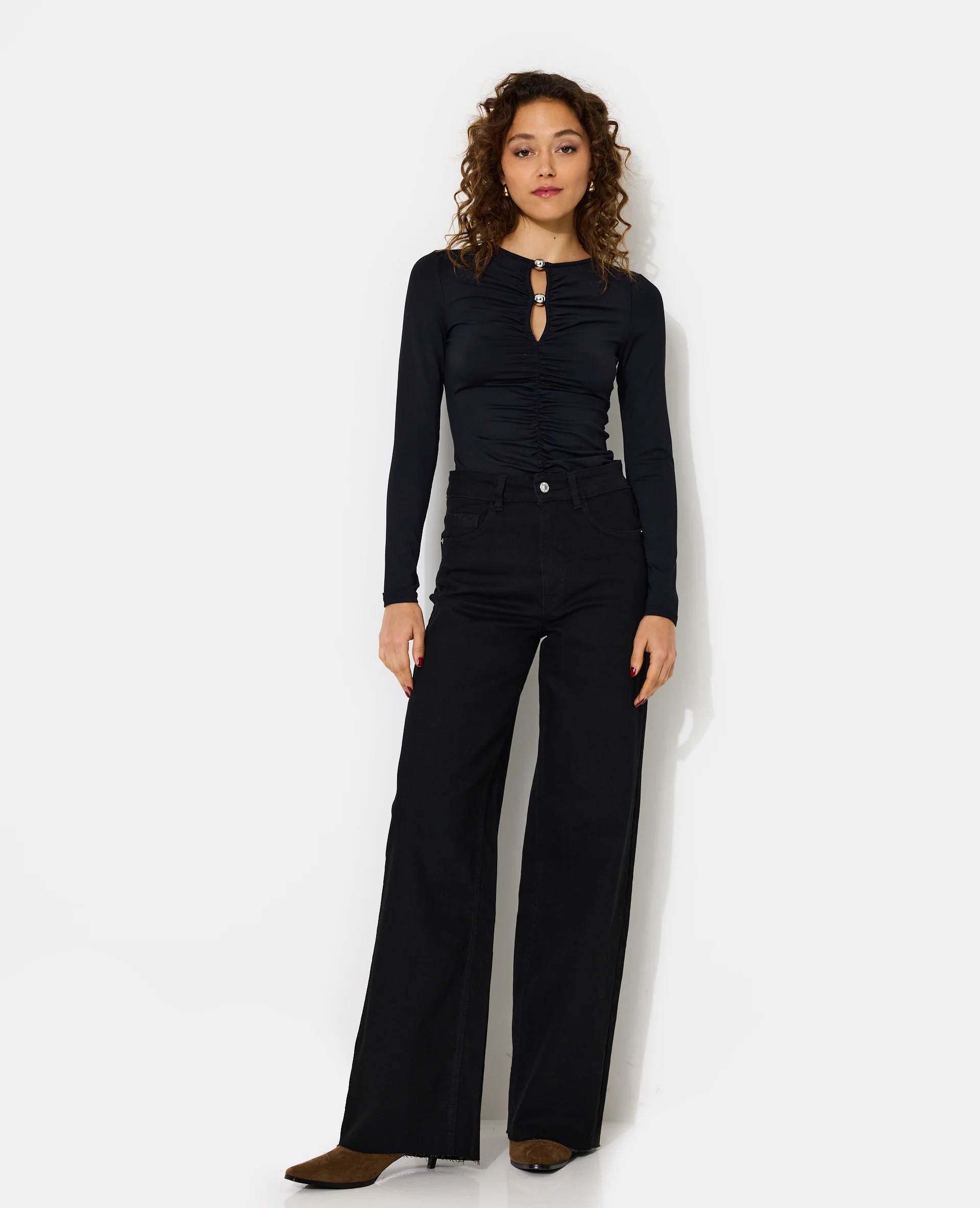 Jean wide taille haute avec élasthanne