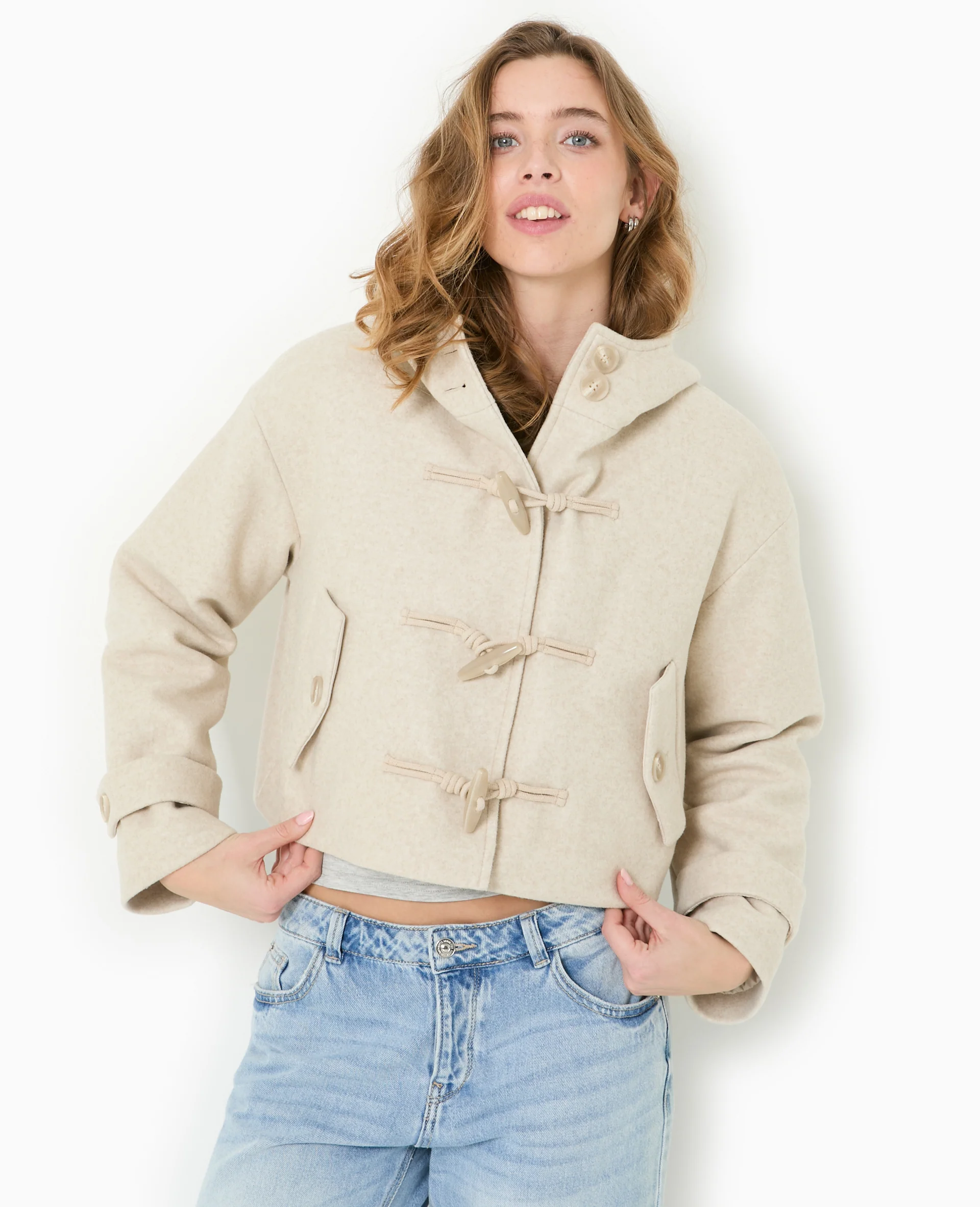 Manteau court effet drap de laine avec capuche - Image 5