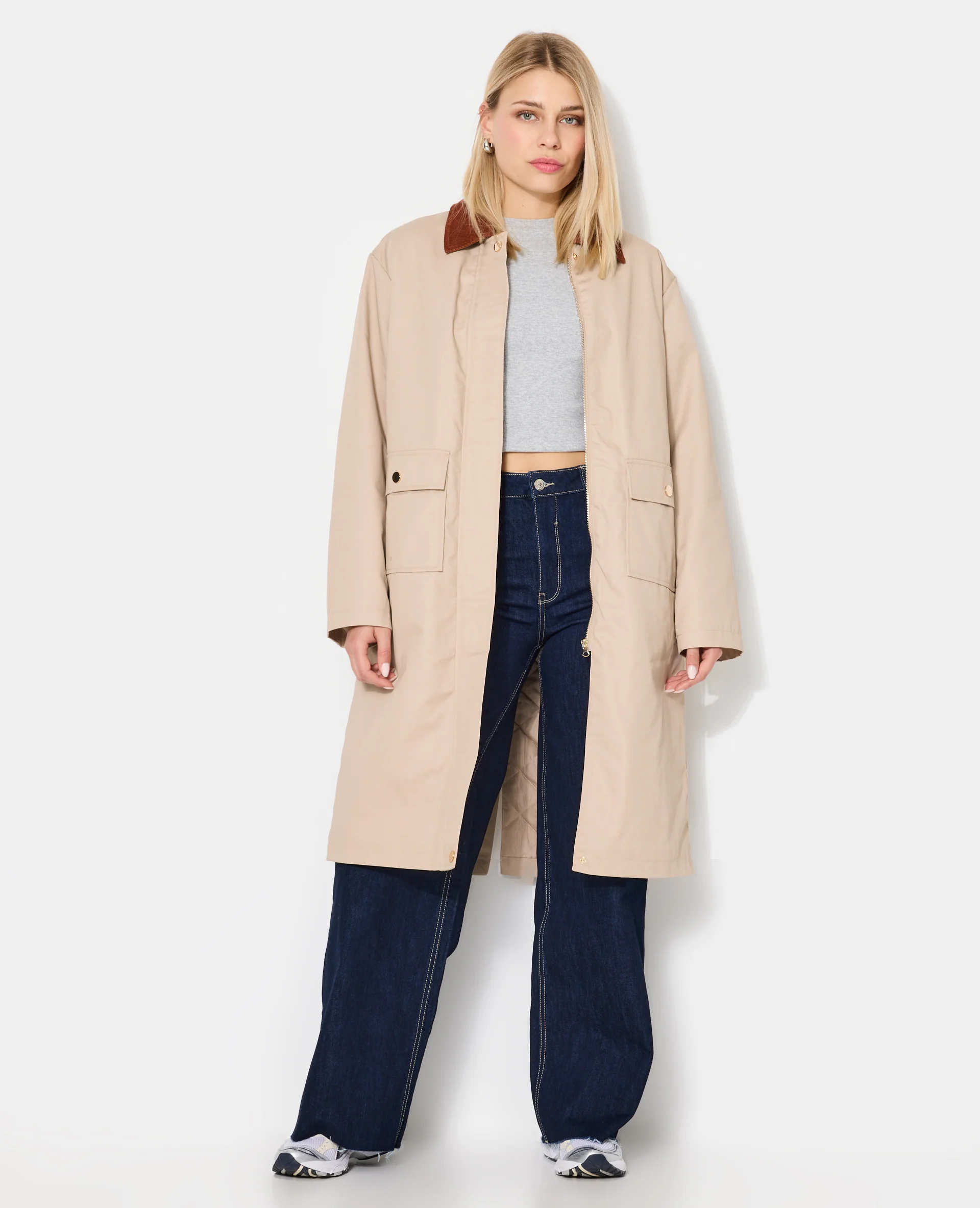 Manteau long en toile avec col velours - Image 5
