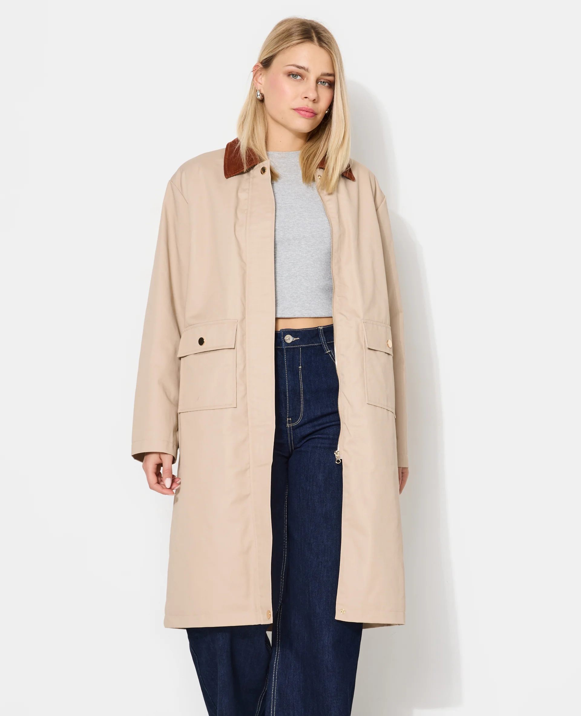 Manteau long en toile avec col velours - Image 7