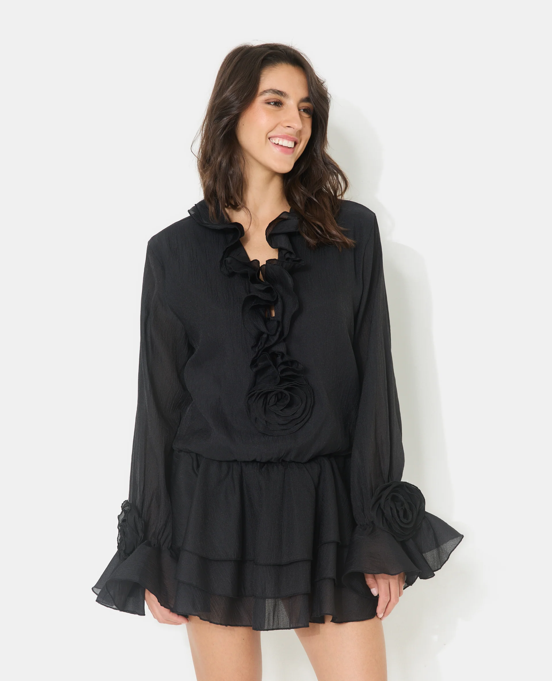 Robe courte en voile avec volants et fleurs - Image 5
