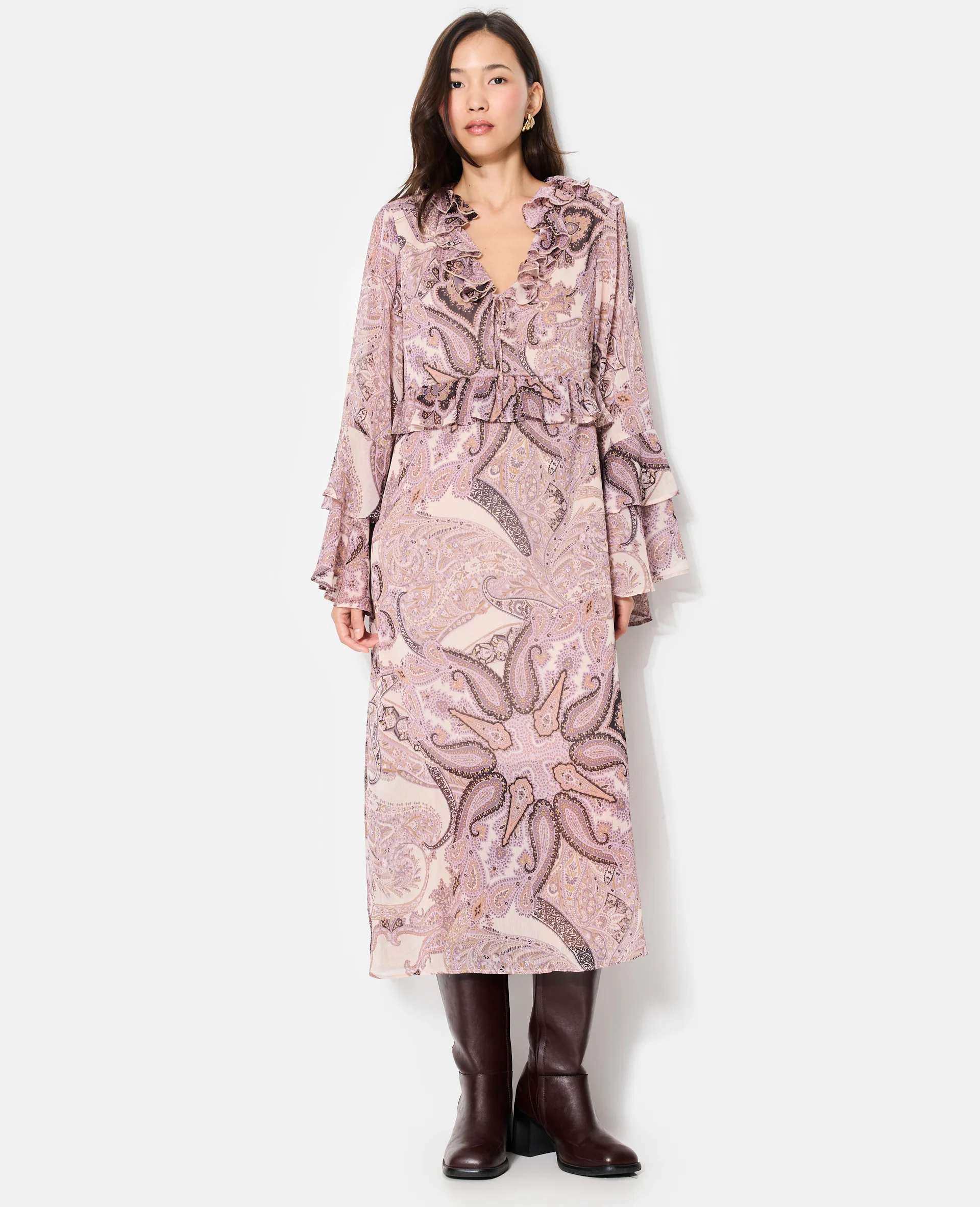 Robe longue en voile avec volants et motif cachemire