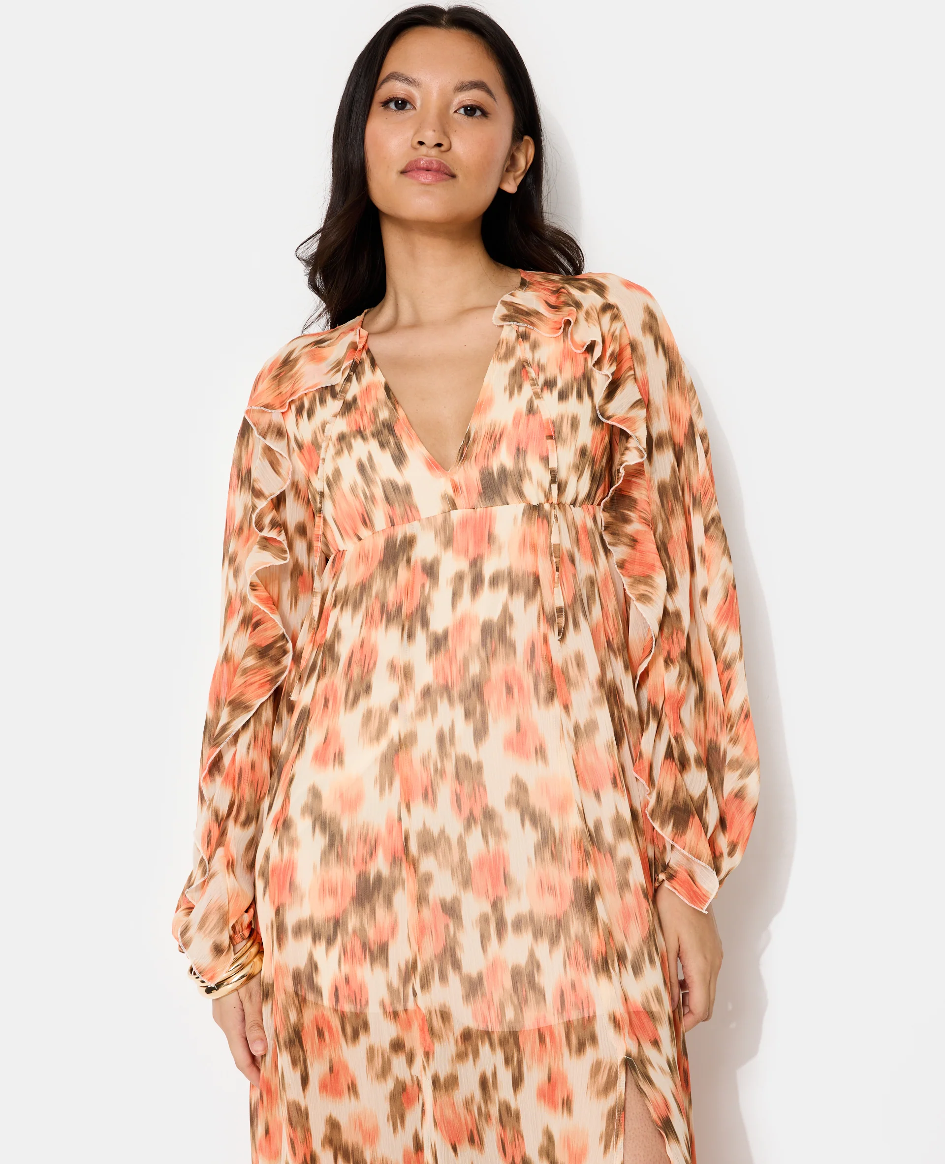 Robe longue en voile avec volants motif fleurs floues - Image 3