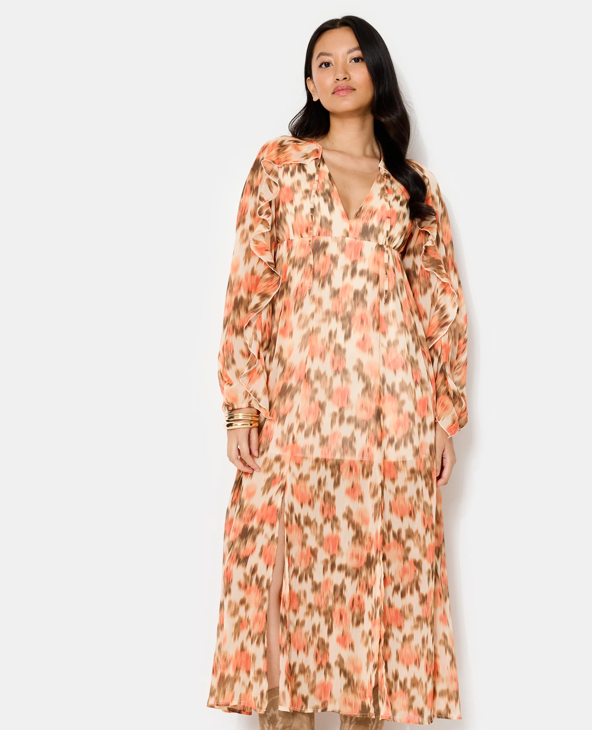 Robe longue en voile avec volants motif fleurs floues - Image 7