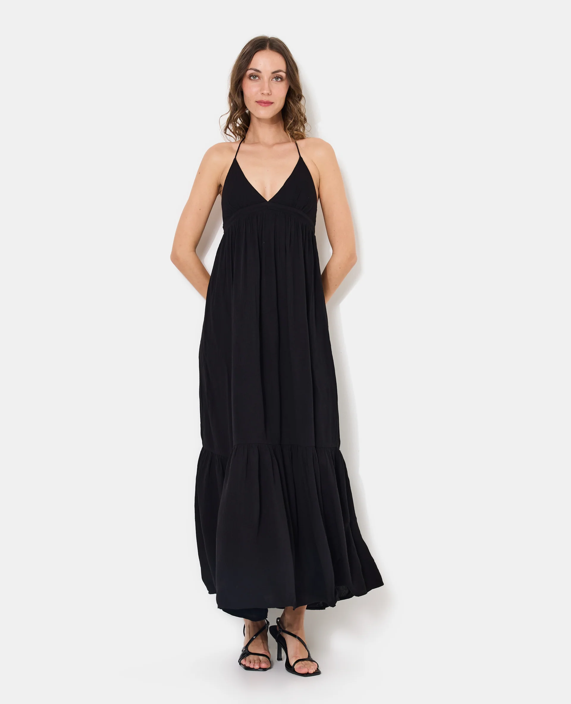 Robe longue évasée avec volant et bretelles fines - Image 2