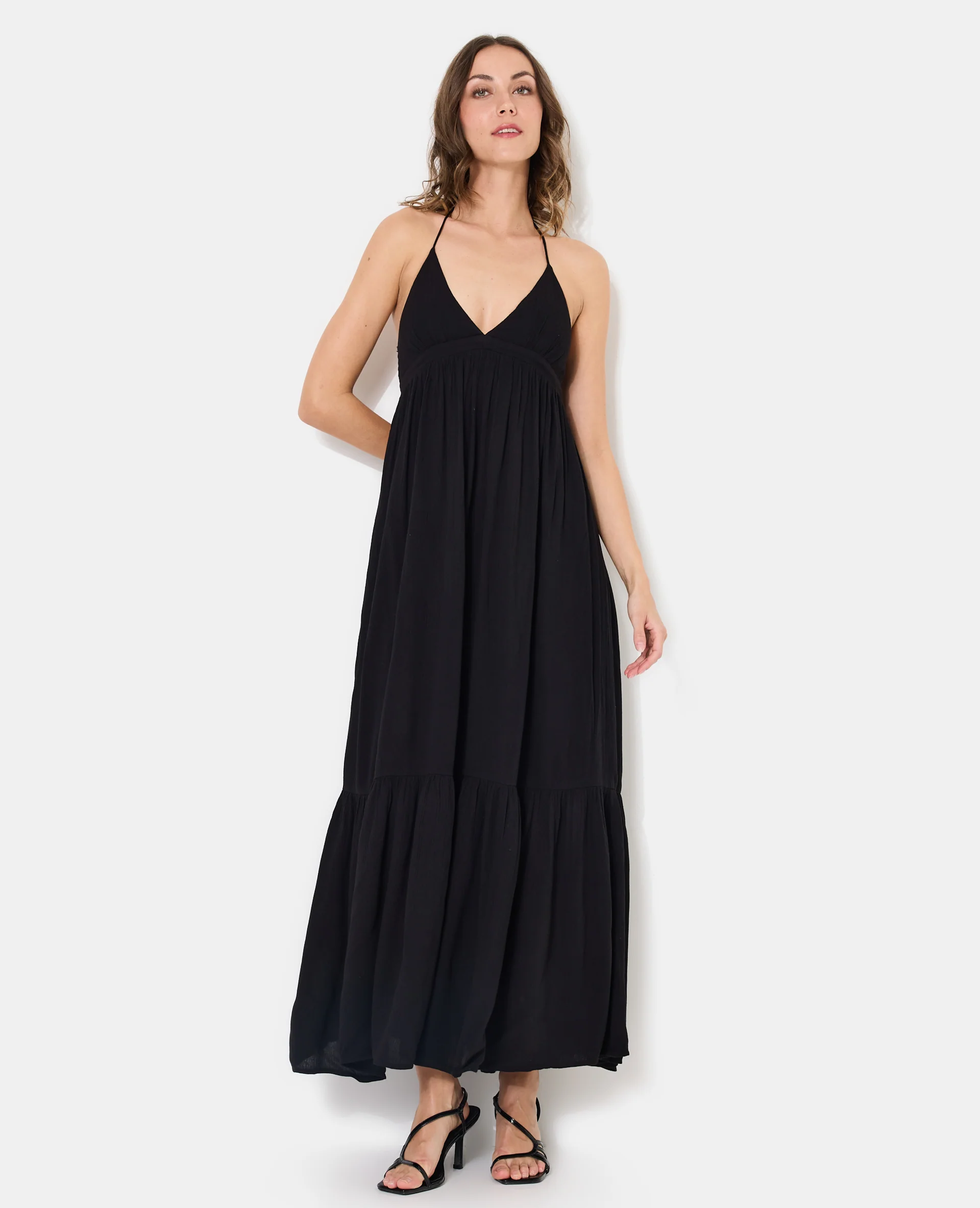 Robe longue évasée avec volant et bretelles fines - Image 3