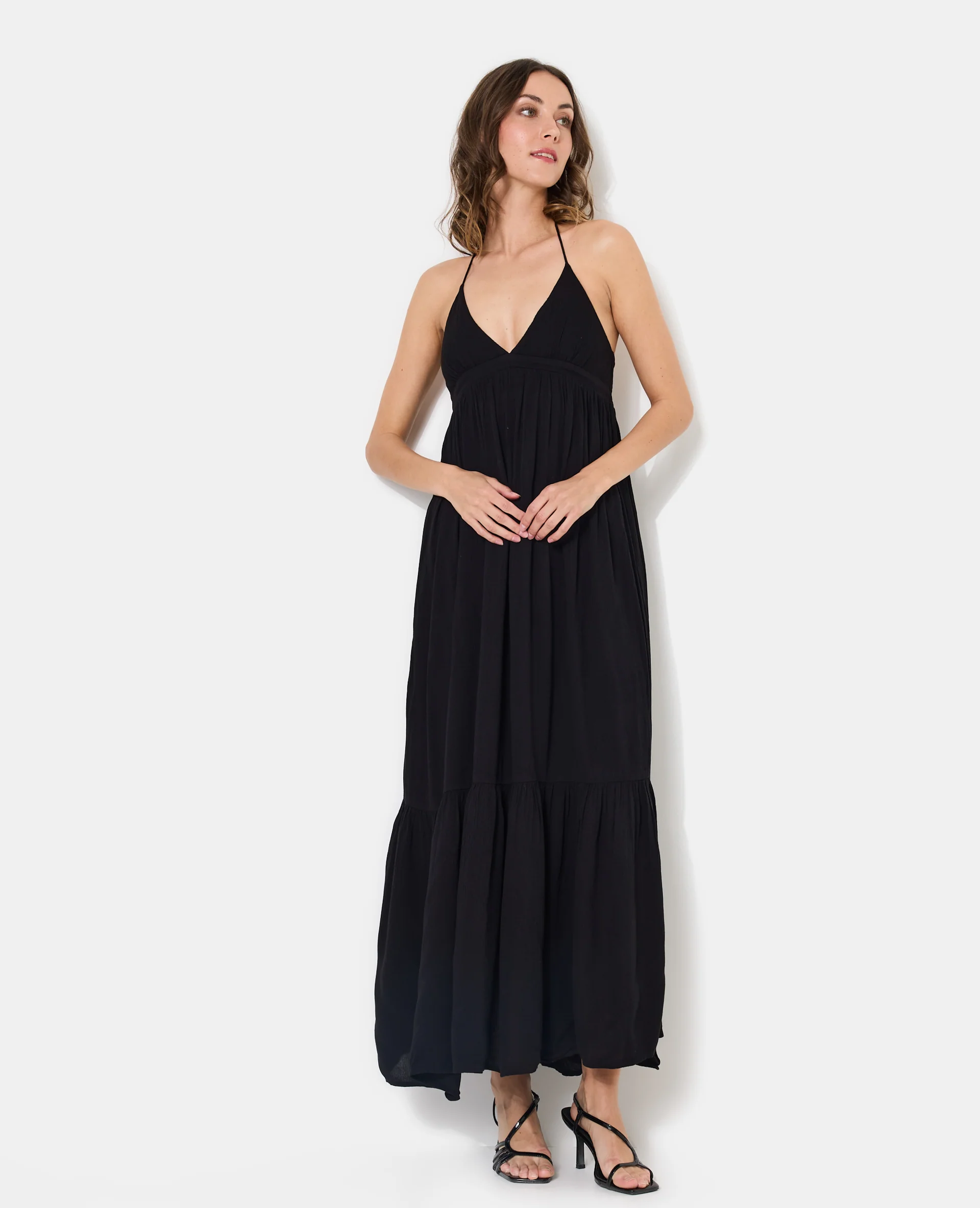 Robe longue évasée avec volant et bretelles fines - Image 5