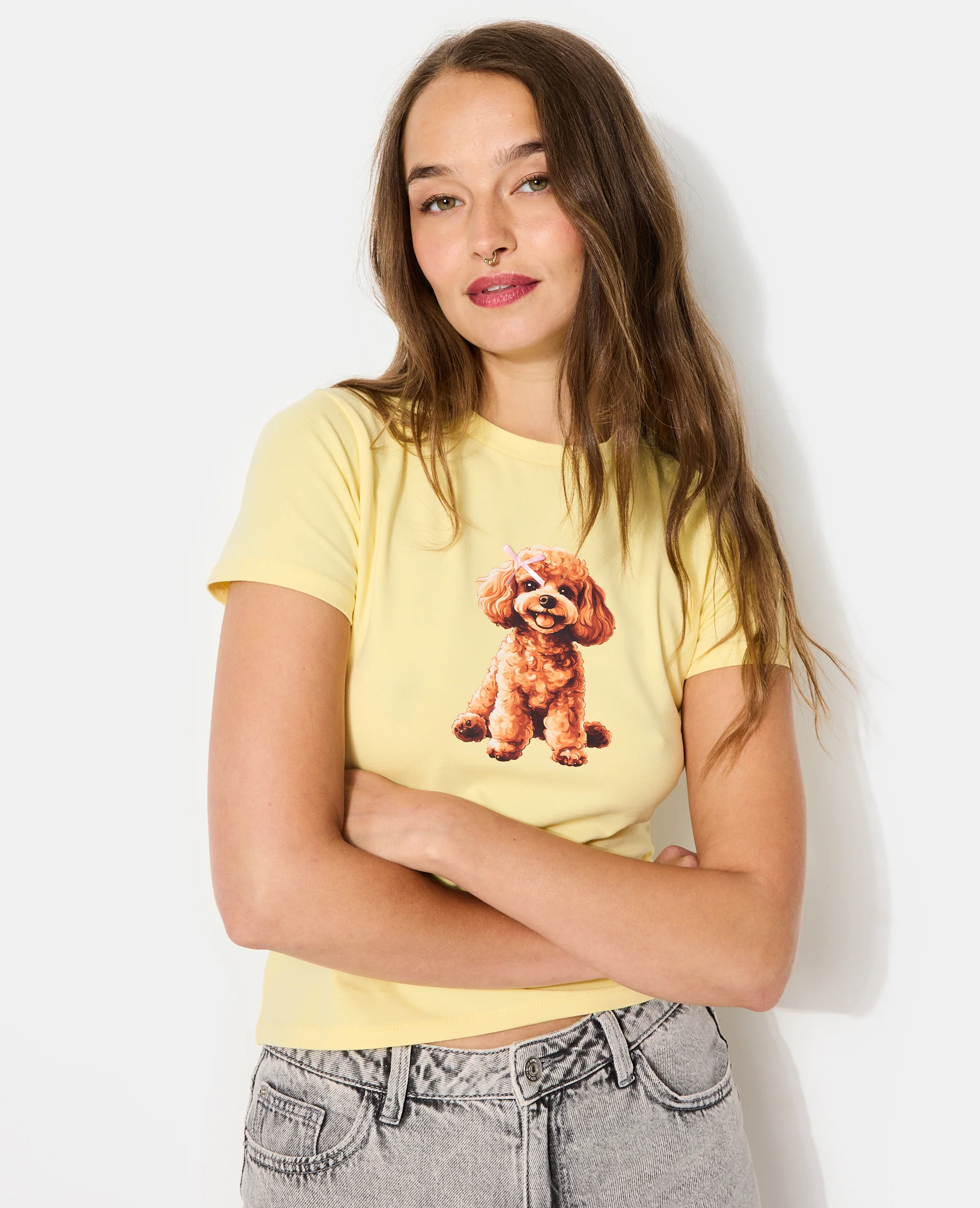 T-shirt ajusté avec print chien + nœud cousu - Image 2