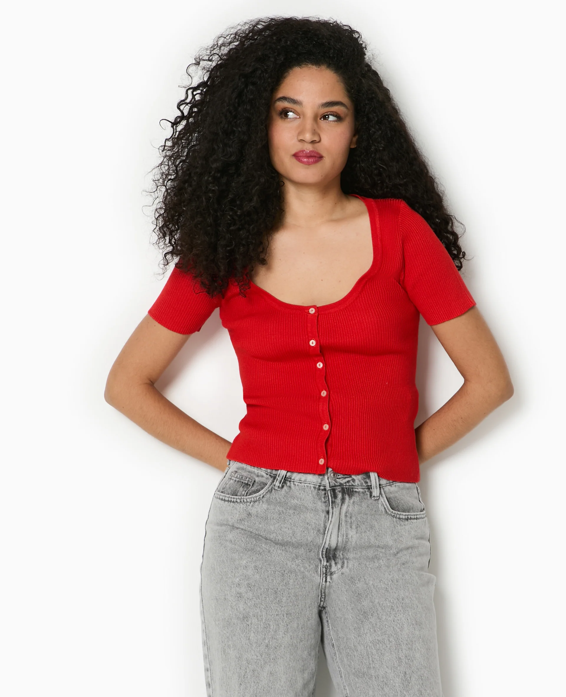 T-shirt boutonné en maille côtelée