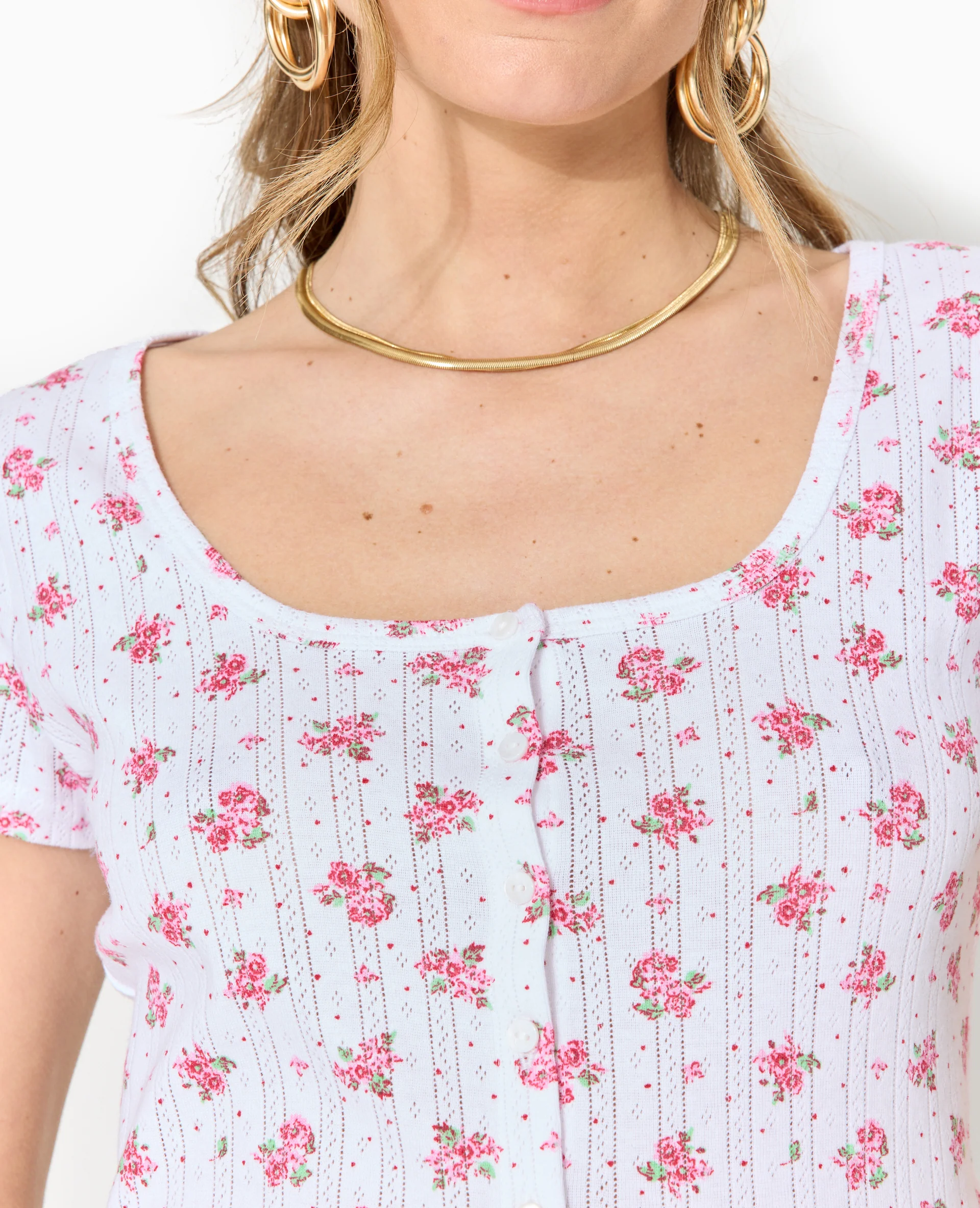 T-shirt boutonné en maille pointelle motif fleurs - Image 3