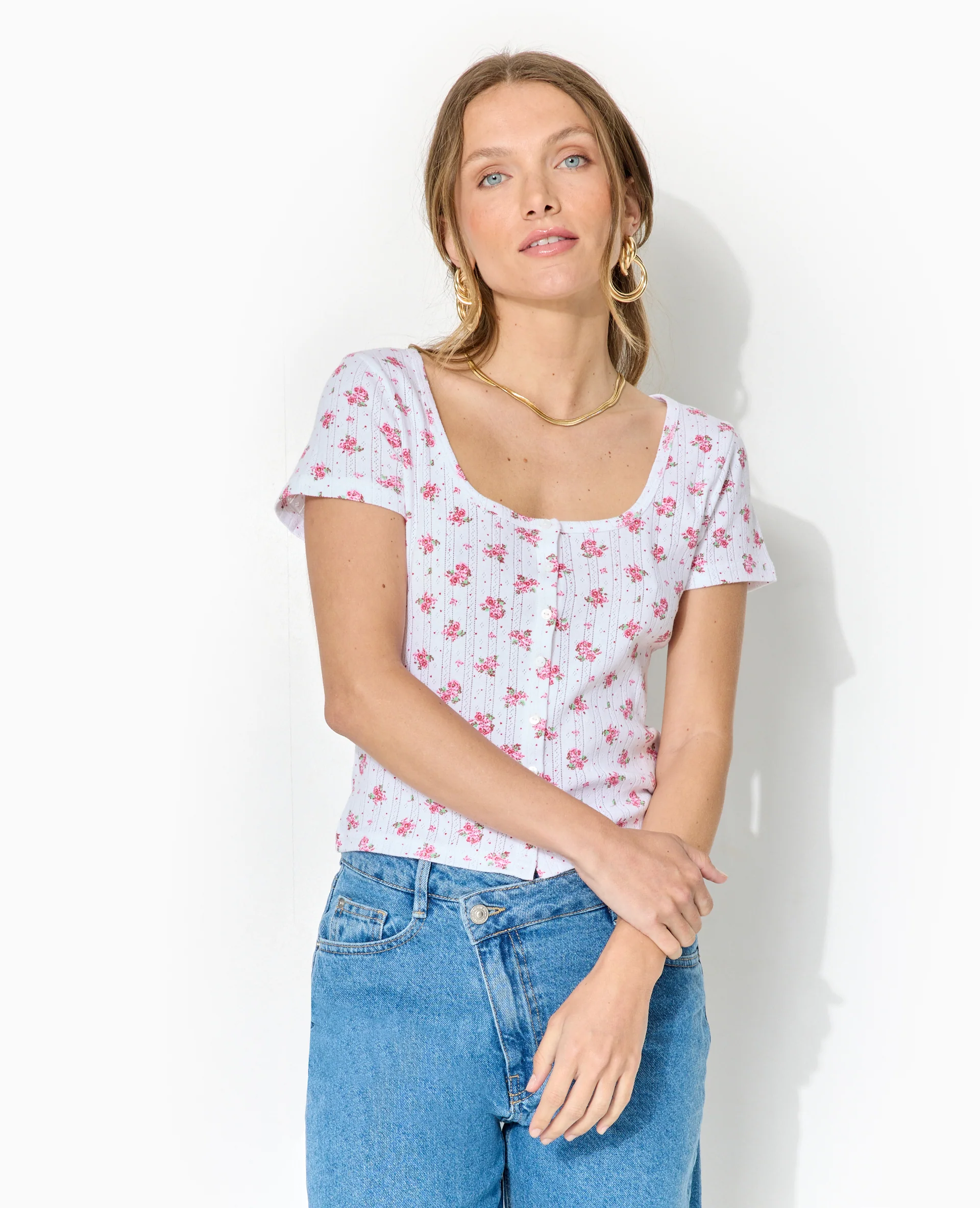 T-shirt boutonné en maille pointelle motif fleurs - Image 5