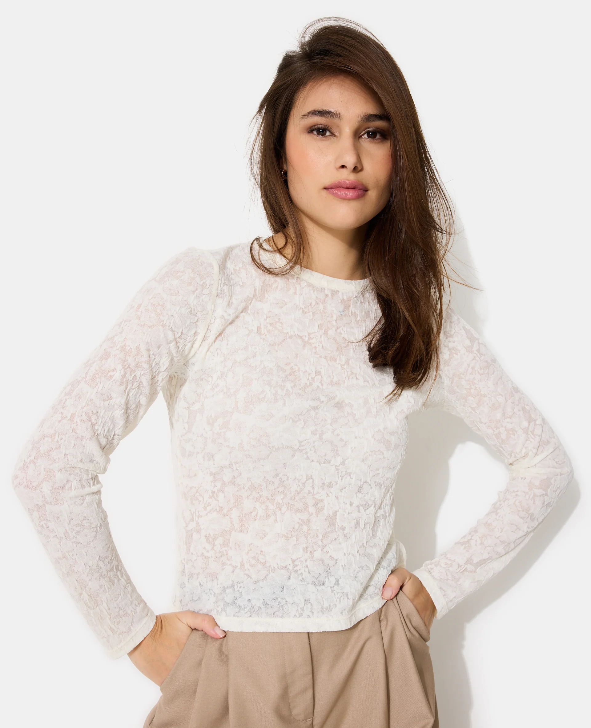 T-shirt manches longues en jacquard effet dentelle - Image 5