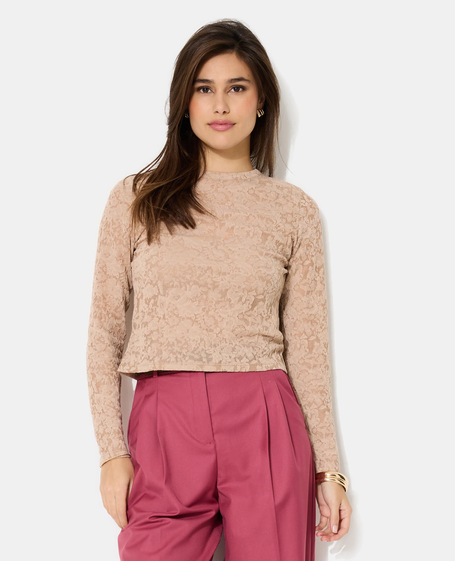 T-shirt manches longues en jacquard effet dentelle