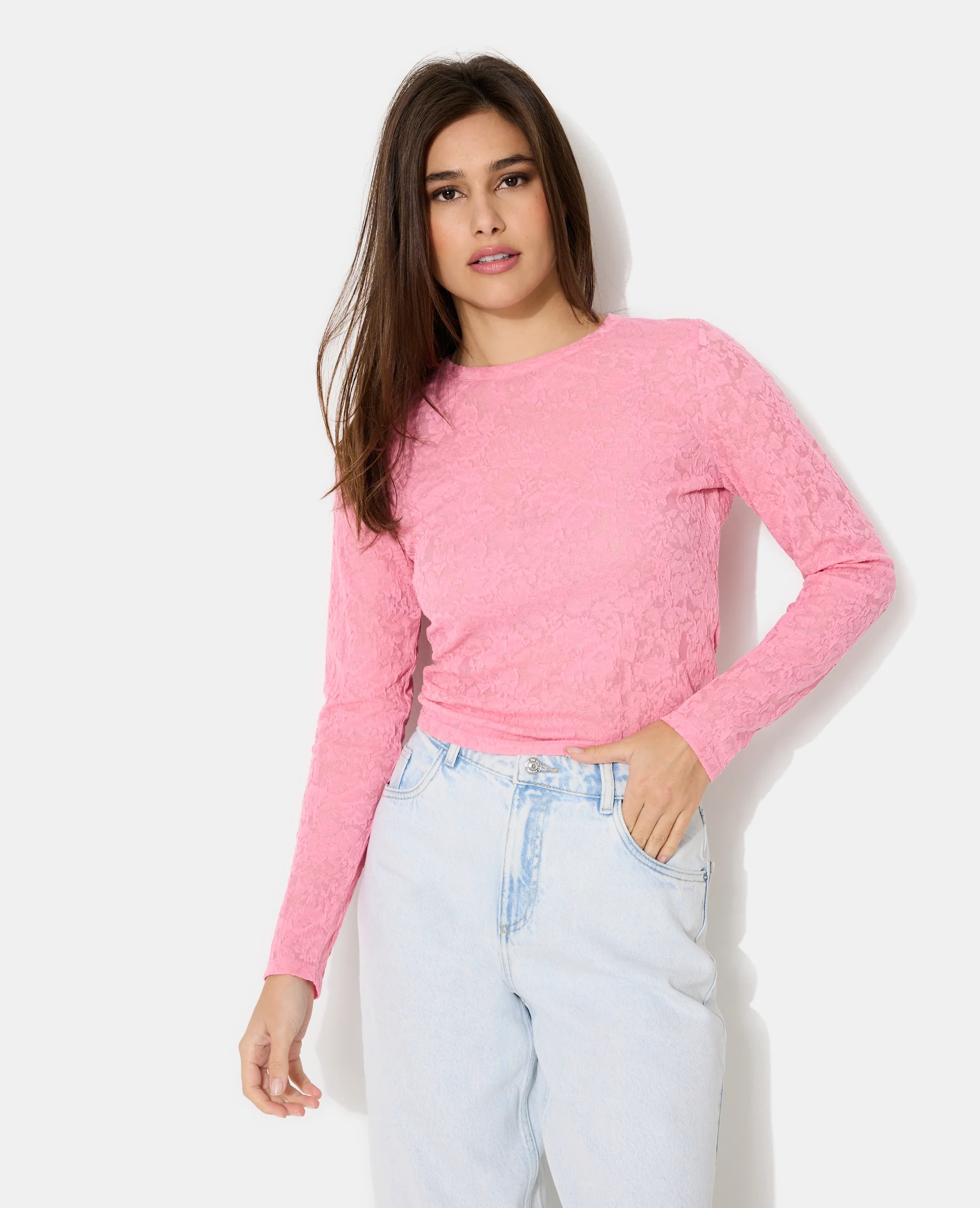 T-shirt manches longues en jacquard effet dentelle