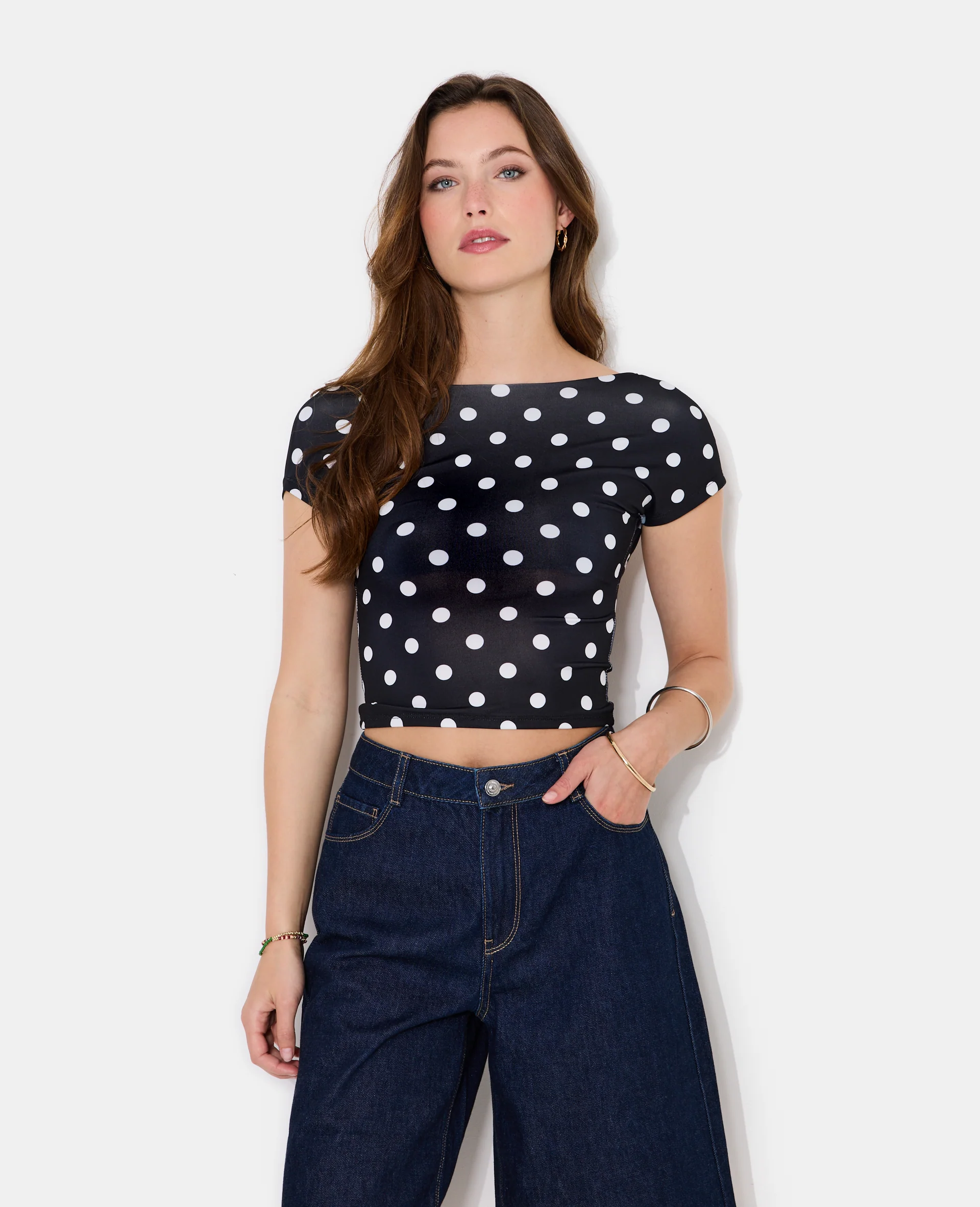Top court dos ouvert motif pois