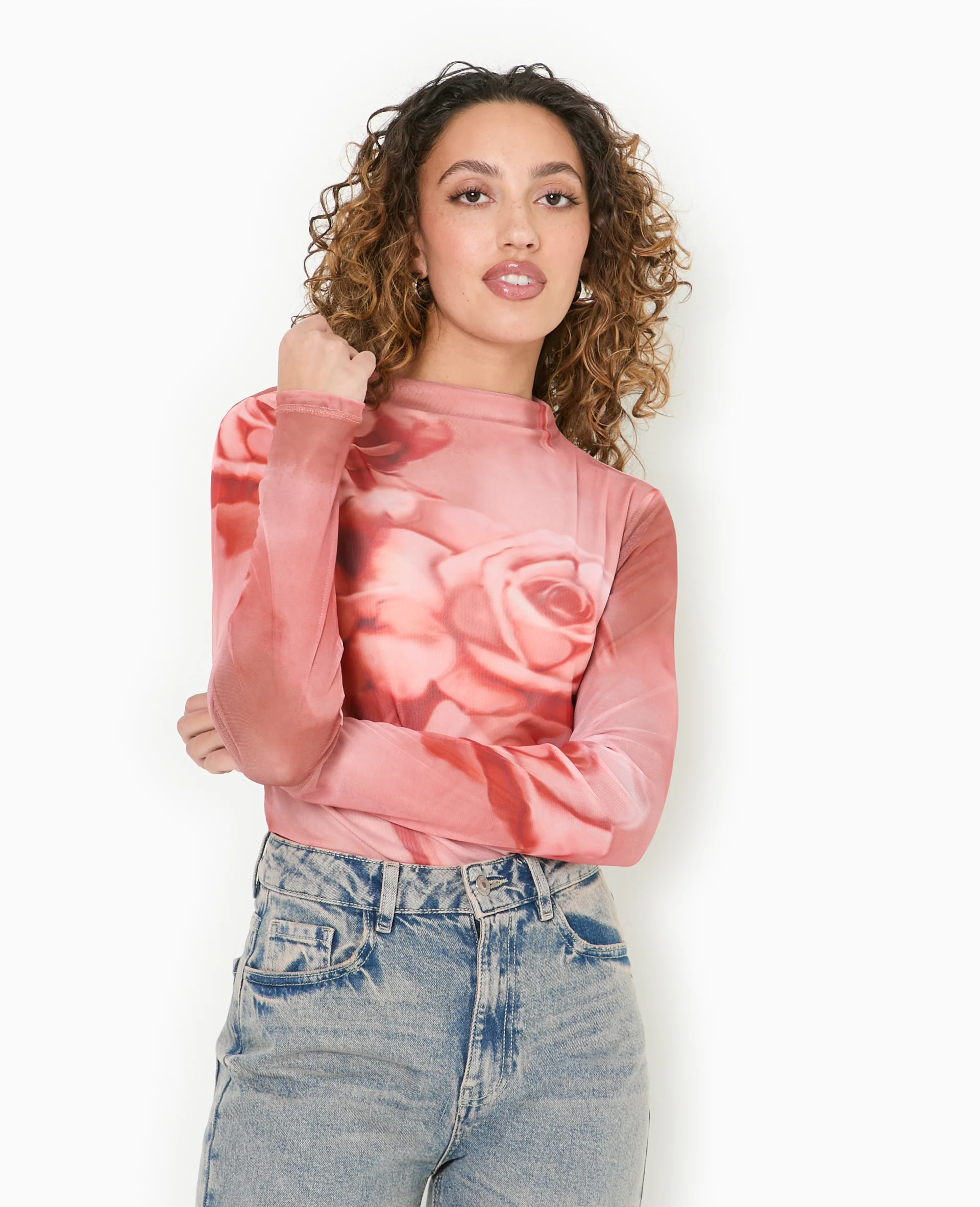 Top manches longues en résille motif roses - Image 5
