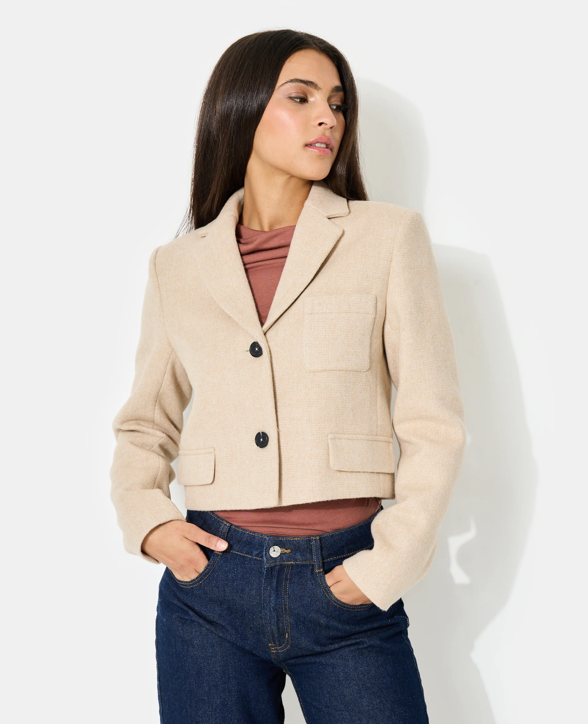 Veste blazer courte en tissu épais avec laine - Image 5