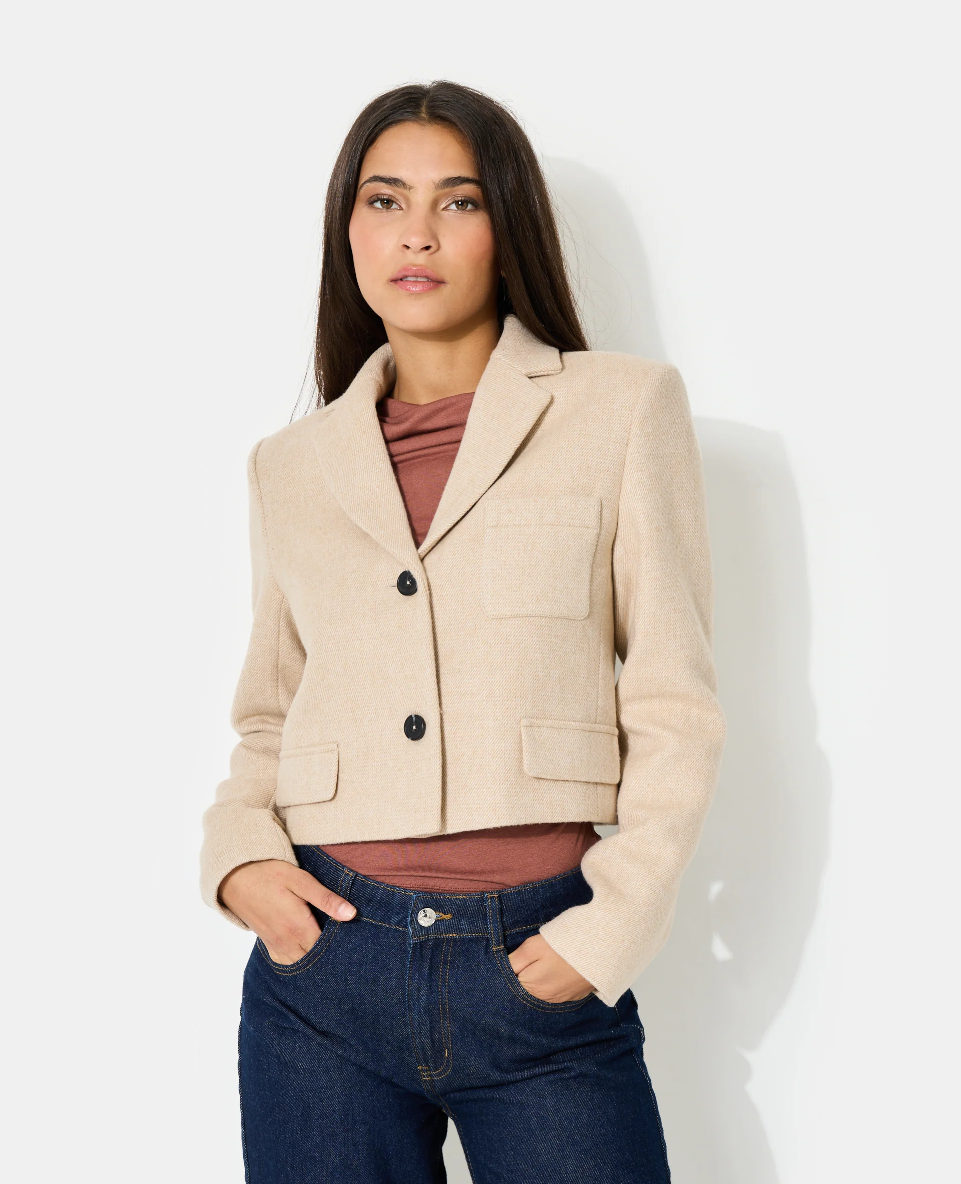 Veste blazer courte en tissu épais avec laine - Image 7