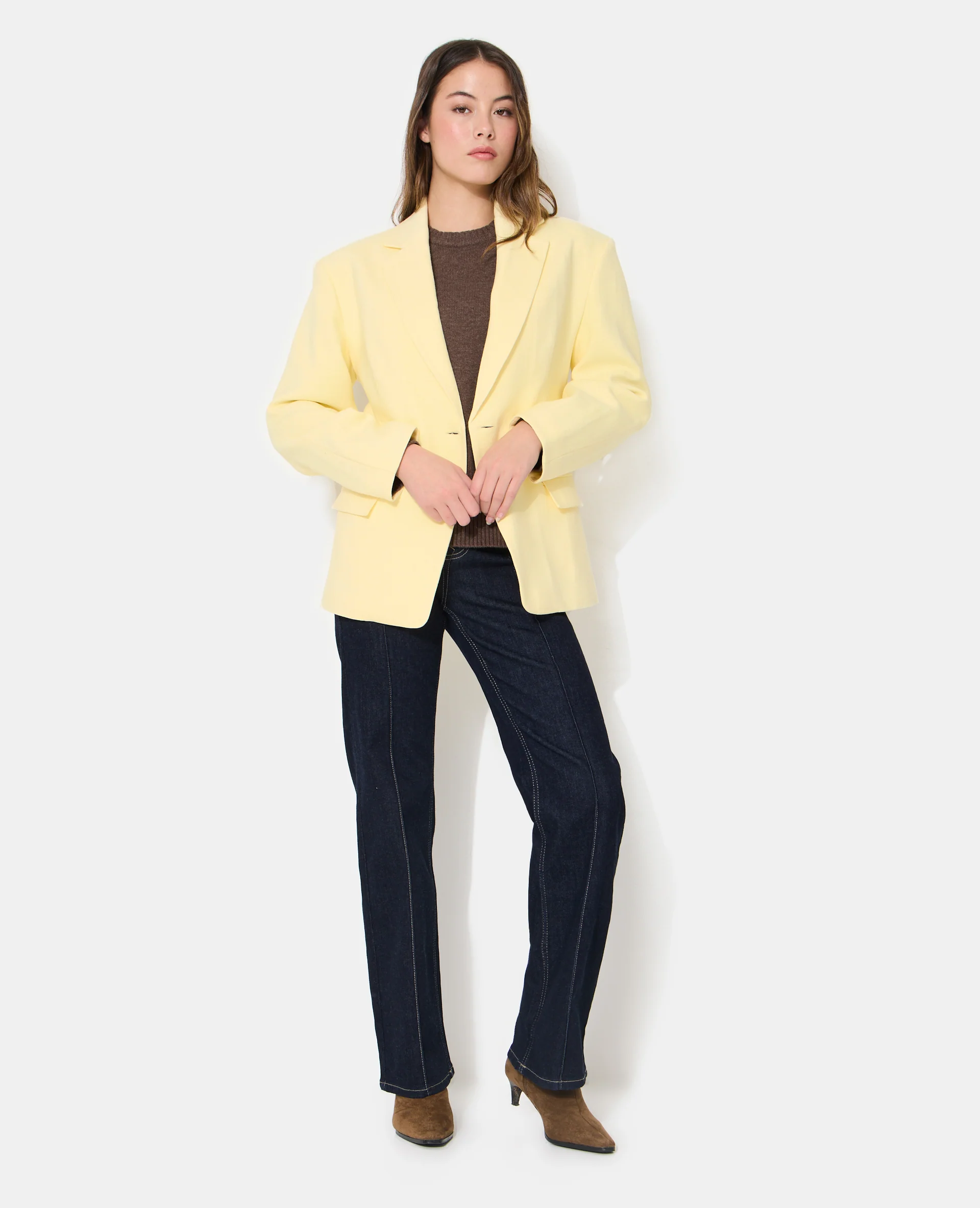 Veste blazer long et cintré en tissu effet lin - Image 3