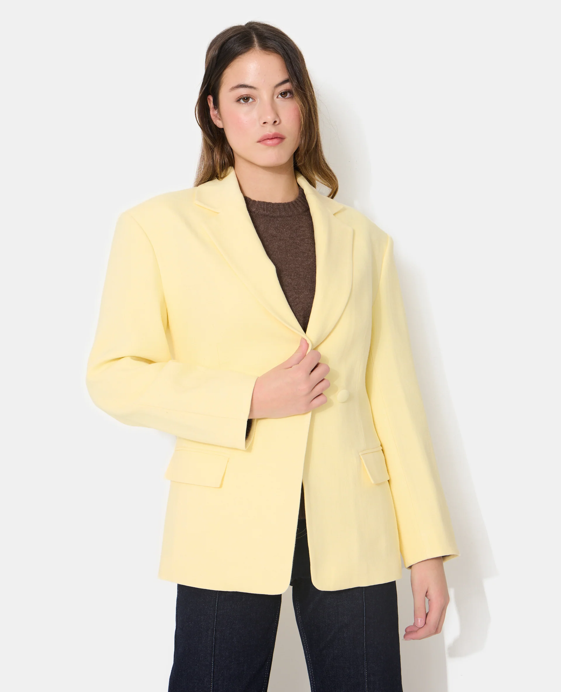 Veste blazer long et cintré en tissu effet lin - Image 8