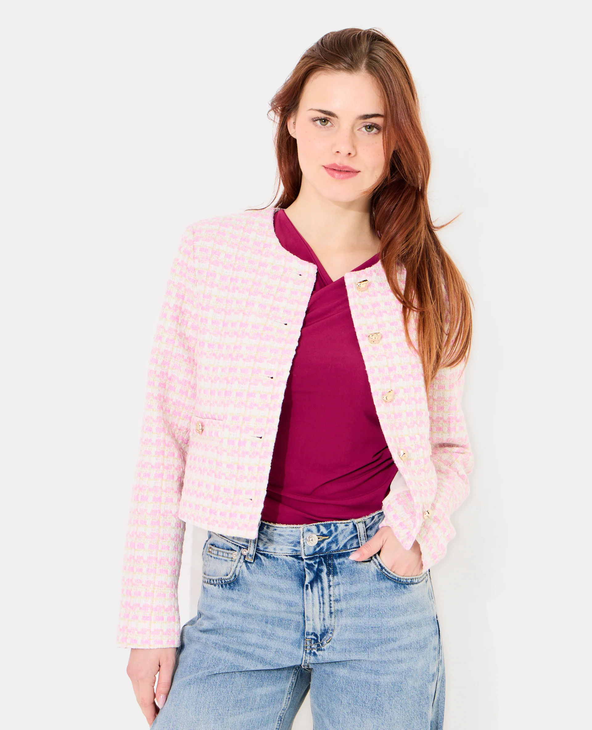 Veste droite en tweed avec boutons fantaisie