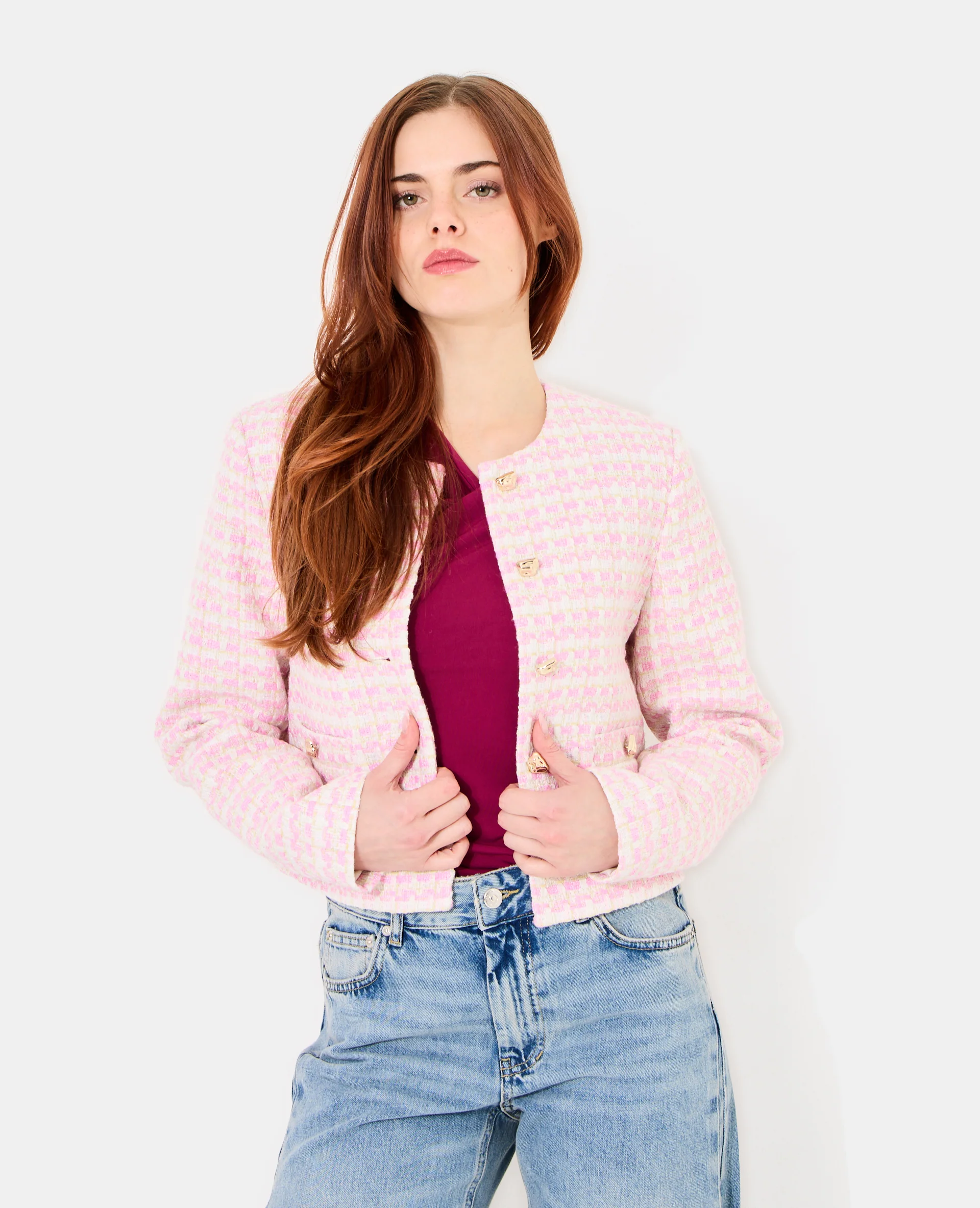 Veste droite en tweed avec boutons fantaisie - Image 5