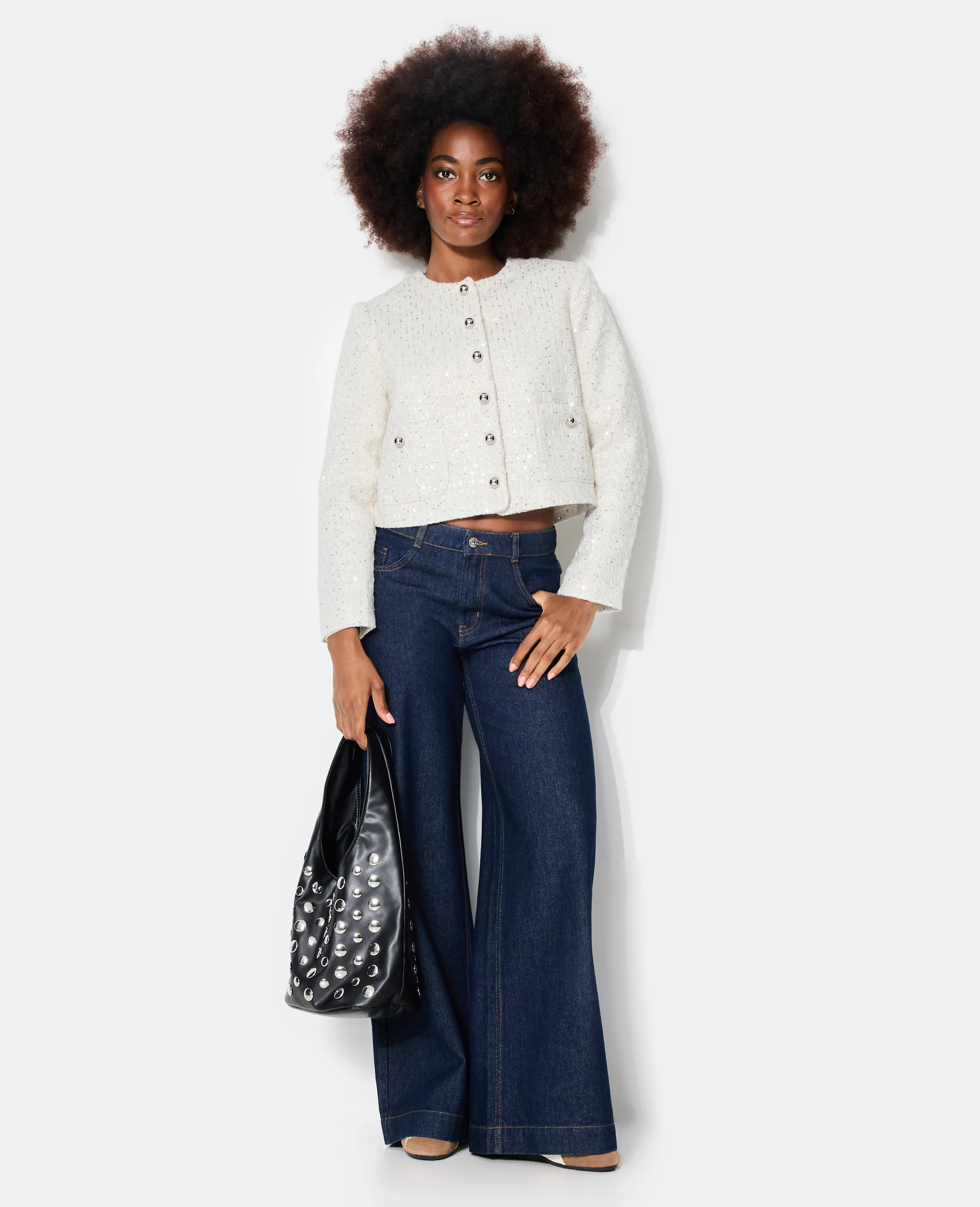 Veste en tweed col rond avec sequins - Image 3