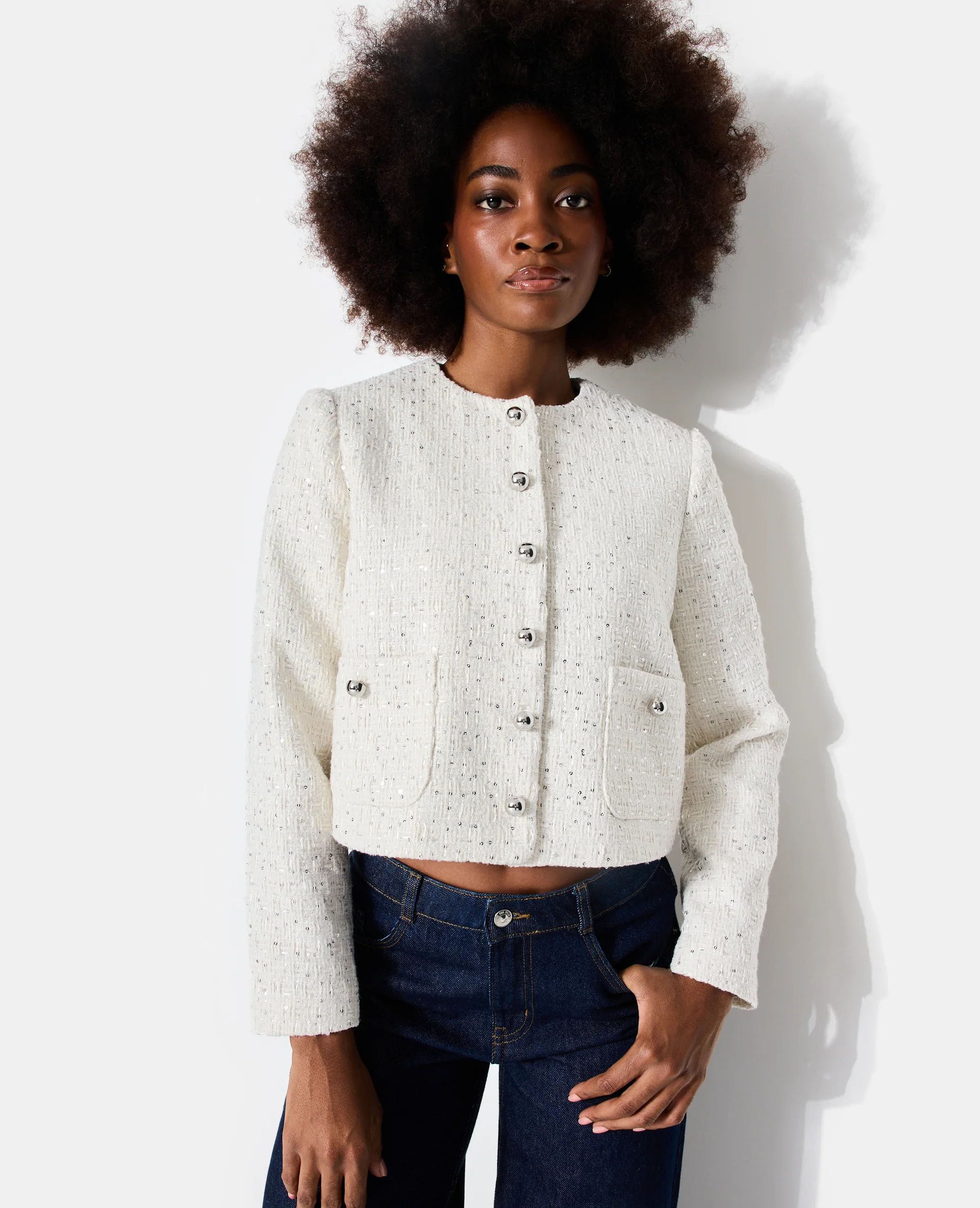 Veste en tweed col rond avec sequins - Image 5